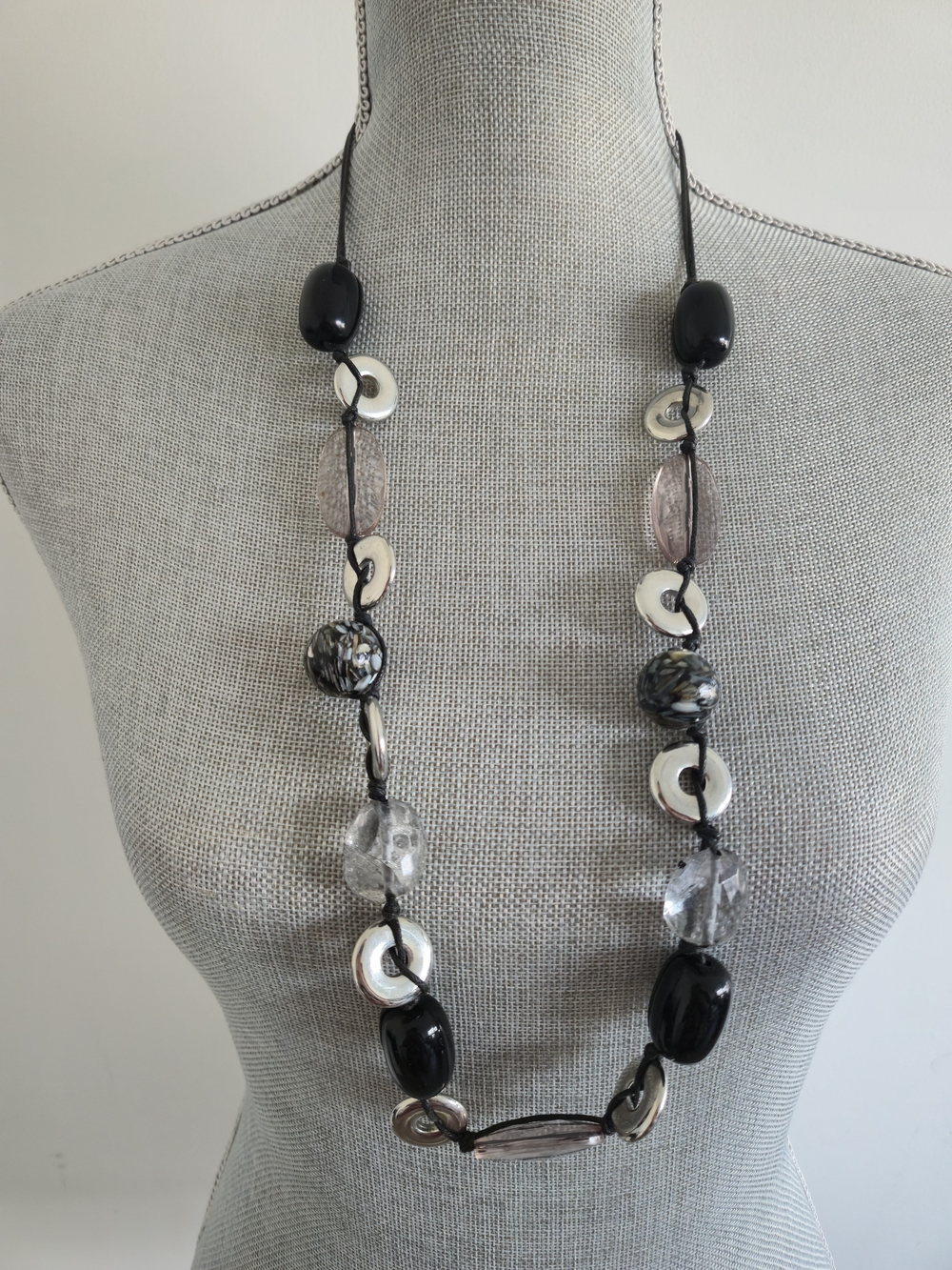 Vintage Long Black and Clear Beaded Necklace